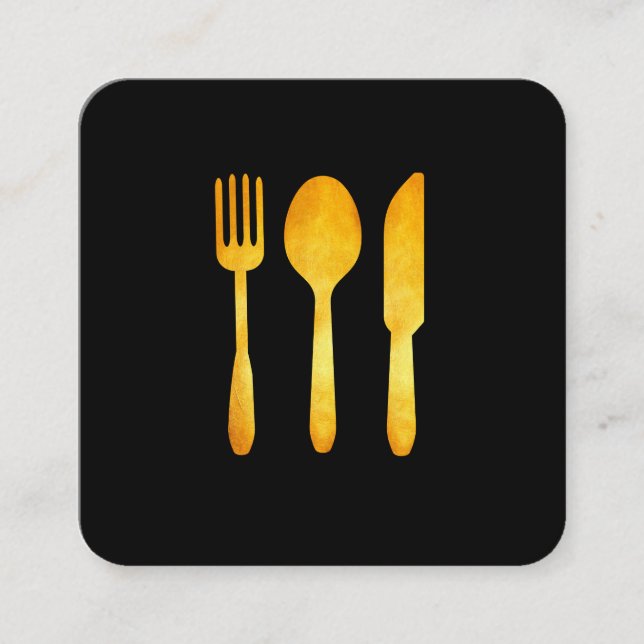 Gold Luxe Food Utensils Square Business Card (Front)
