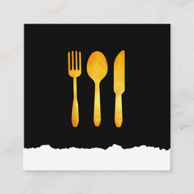 Gold Luxe Food Utensils Torn Look Square Business Card (Front)