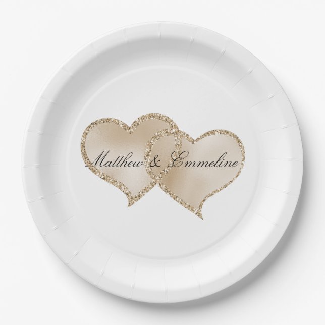 Gold Luxe Glitter Glitz Hearts Wedding      Paper Plate (Front)