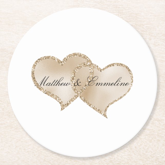 Gold Luxe Glitter Glitz Hearts Wedding       Round Paper Coaster (Front)