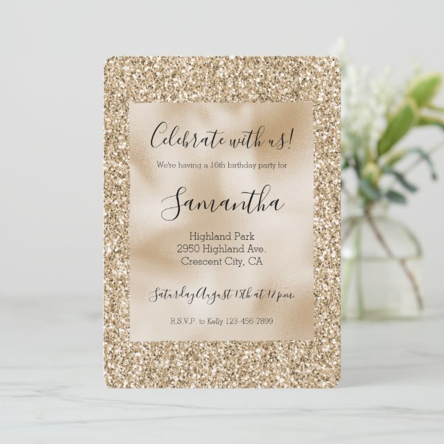 Gold Luxe Glitter Sweet 16    Invitation (Standing Front)