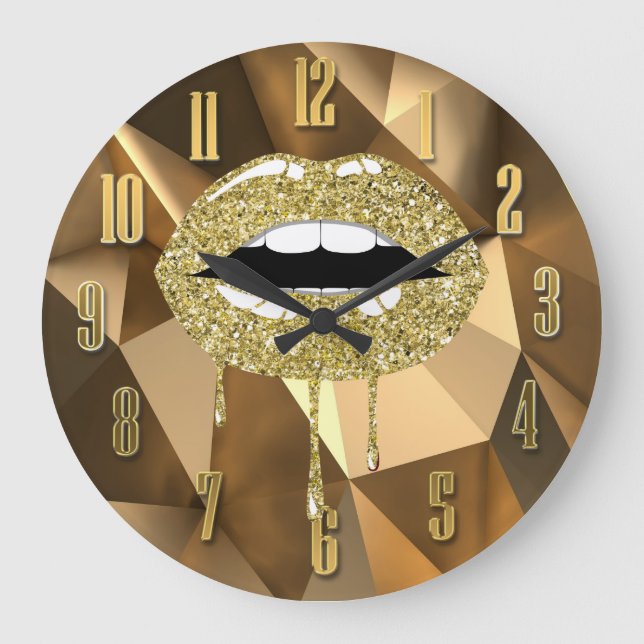 Gold Luxury Beauty Glam Glitter Drip Dripping Lips Large Clock (Front)