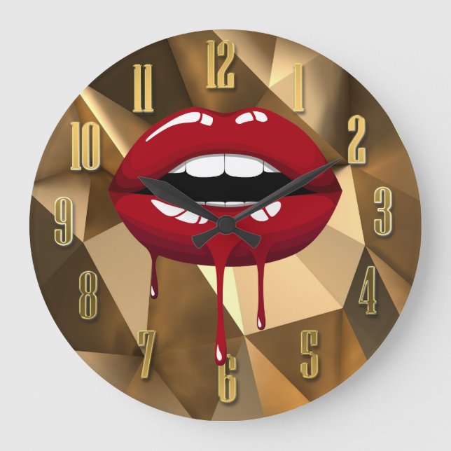 Gold Luxury Beauty Glam Red Drip Dripping Lips Large Clock (Front)