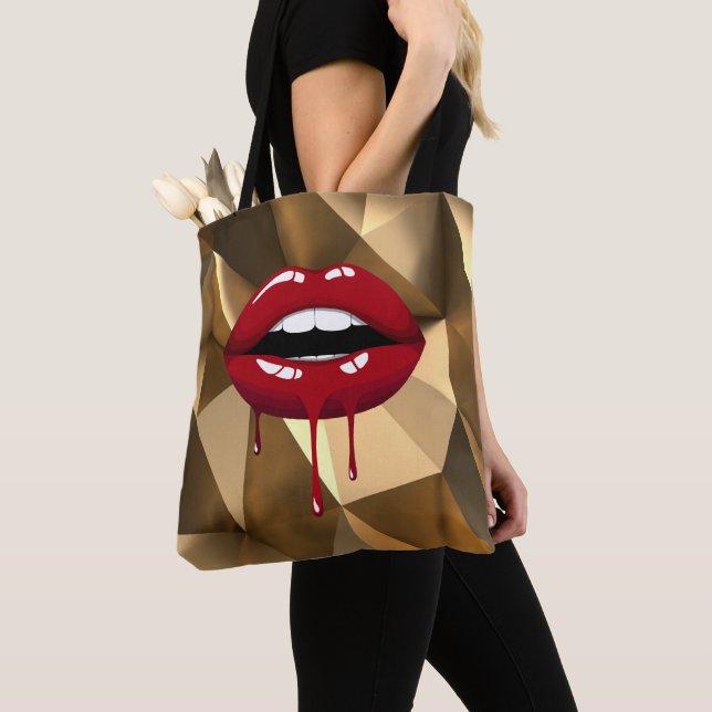 Gold Luxury Beauty Glam Red Drip Dripping Lips Tote Bag (Close Up)