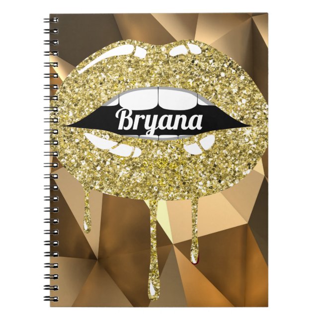 Gold Luxury Beauty Glamour Glitter Dripping Lips Notebook (Front)