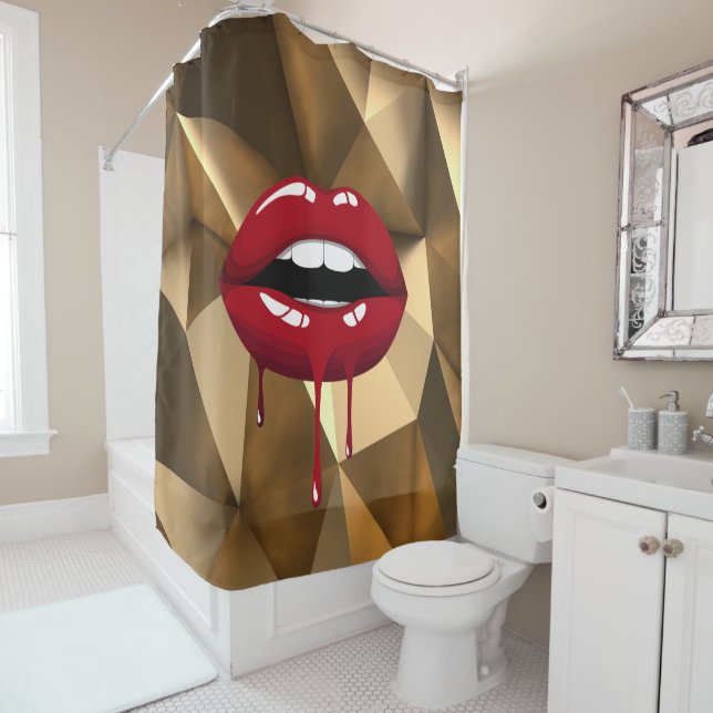 Gold Luxury Beauty Glamour Red Drip Dripping Lips Shower Curtain (In Situ)