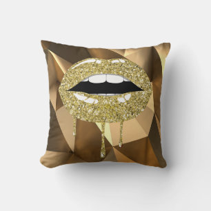 Gold Luxury Beauty Glitter Drip Dripping Lips Cushion