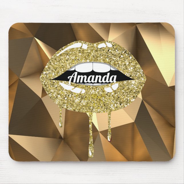Gold Luxury Beauty Glitter Drip Dripping Lips Mouse Mat (Front)