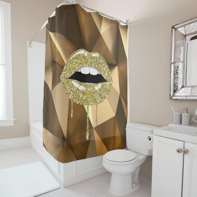Gold Luxury Beauty Glitter Glam Drip Dripping Lips Shower Curtain (In Situ)