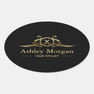 Gold Luxury Beauty Salon Hair Cut Scissor Logo Oval Sticker