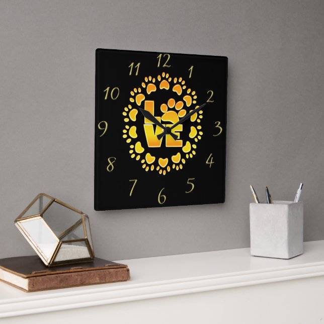 Gold luxury decoration dog paw shiny print black square wall clock (Office)