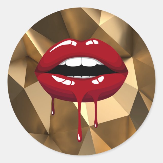 Gold Luxury Faux Glitter Red Drip Dripping Lips Classic Round Sticker (Front)