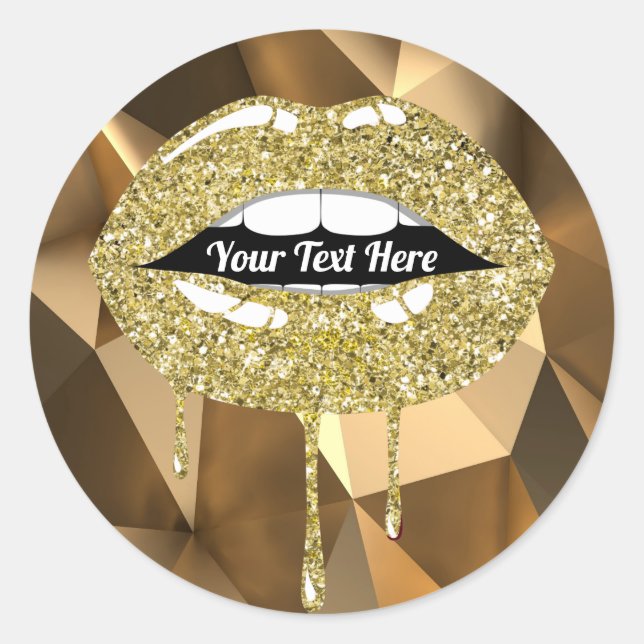 Gold Luxury Glam Faux Glitter Drip Dripping Lips Classic Round Sticker (Front)
