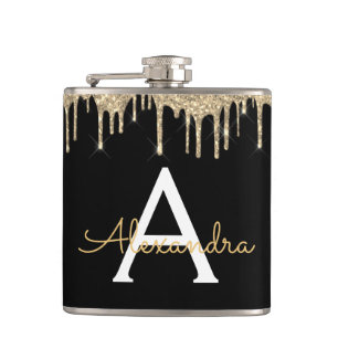 Gold Luxury Glitter Glam Monogram Name Hip Flask