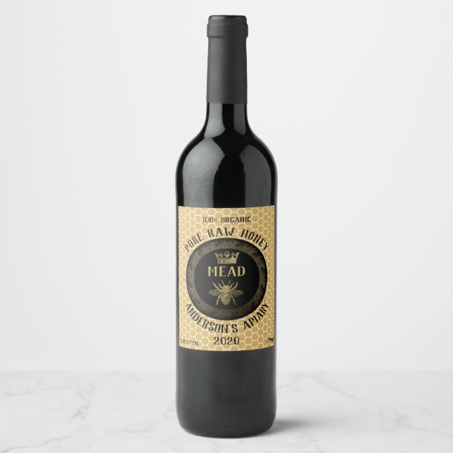 Gold luxury Mead queen bee honeycomb honey wine Wine Label (Front)