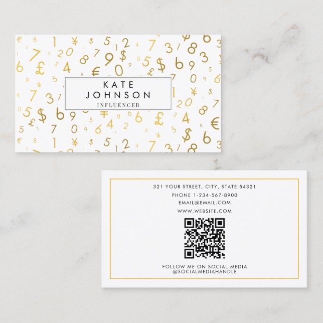 Gold Luxury Number & Currency Symbols Influencer Business Card (Front/Back)