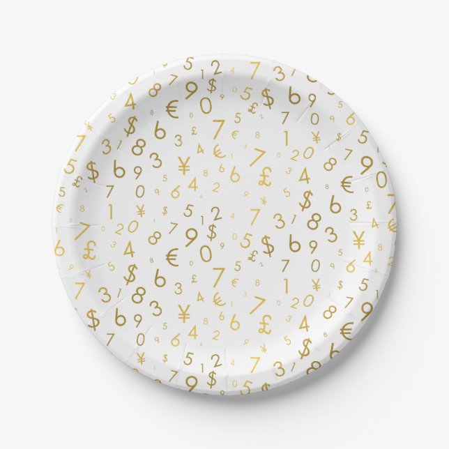 Gold Luxury Numbers & Currency Symbols Pattern Paper Plate (Front)