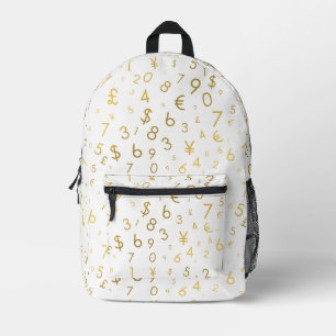 Gold Luxury Numbers & Currency Symbols Pattern Printed Backpack