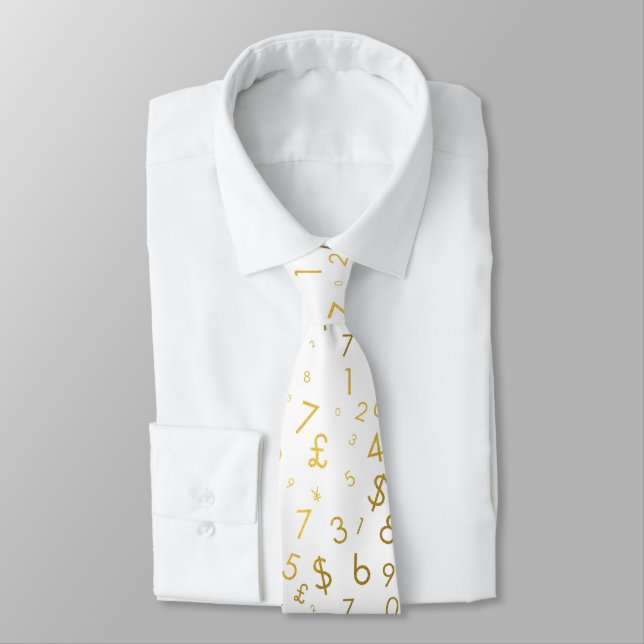 Gold Luxury Numbers & Currency Symbols Pattern Tie (Tied)
