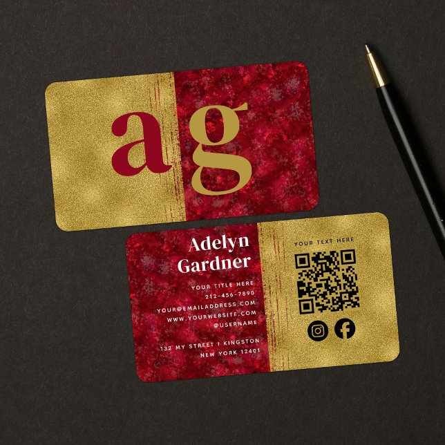 Gold Luxury Ruby Monogram QR Code Social Media Business Card (Creator Uploaded)