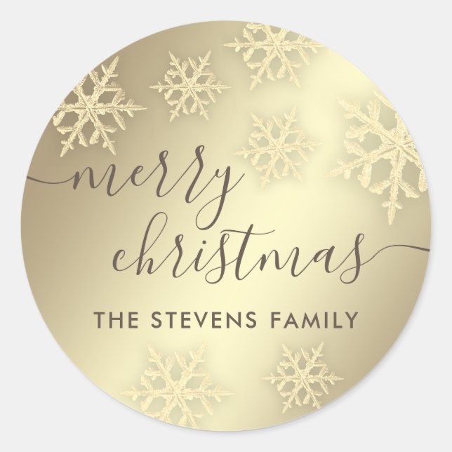 Gold luxury trendy holiday Christmas snowflake Classic Round Sticker (Front)