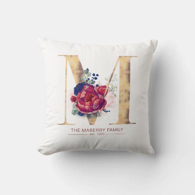 Gold M Monogram Floral Burgundy Red and Navy Blue Cushion (Front)