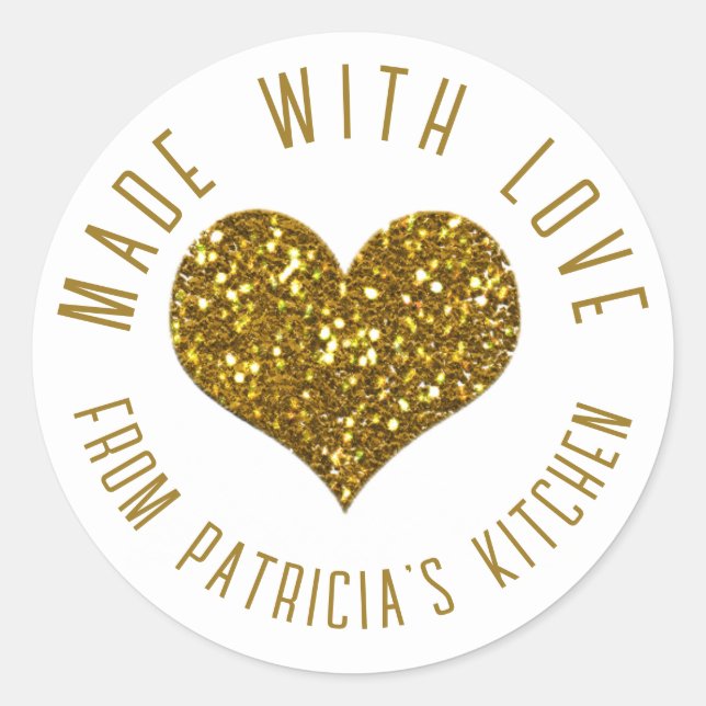 Gold Made With Love Glitter Heart From The Kitchen Classic Round Sticker (Front)