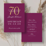 Gold Magenta 70th Birthday Save the Date Details Invitation<br><div class="desc">Elegant "70th Birthday Party" design with a formal typography script,  custom name and details text. Easy to use and easy to personalise. Order Today!</div>