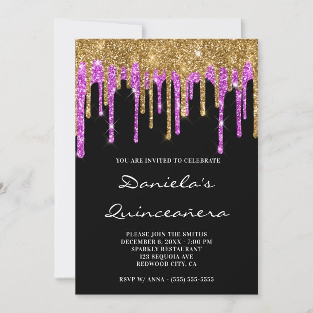 Gold Magenta Glitter Drips Black Quinceañera Invitation (Front)