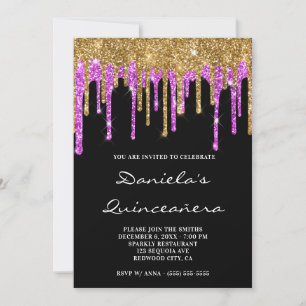 Gold Magenta Glitter Drips Black Quinceañera Invitation