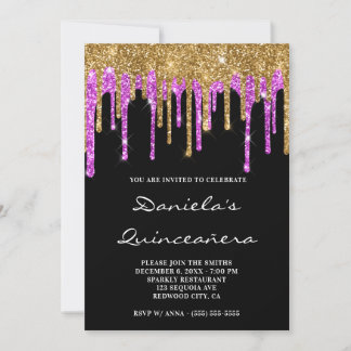 Gold Magenta Glitter Drips Black Quinceañera Invitation