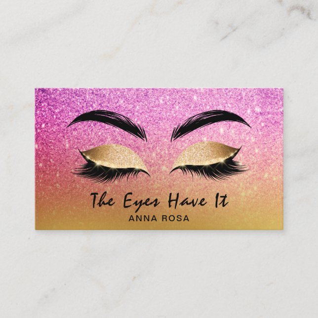 *~* Gold Magenta Glitter Lashes Extensions Brows Business Card (Front)