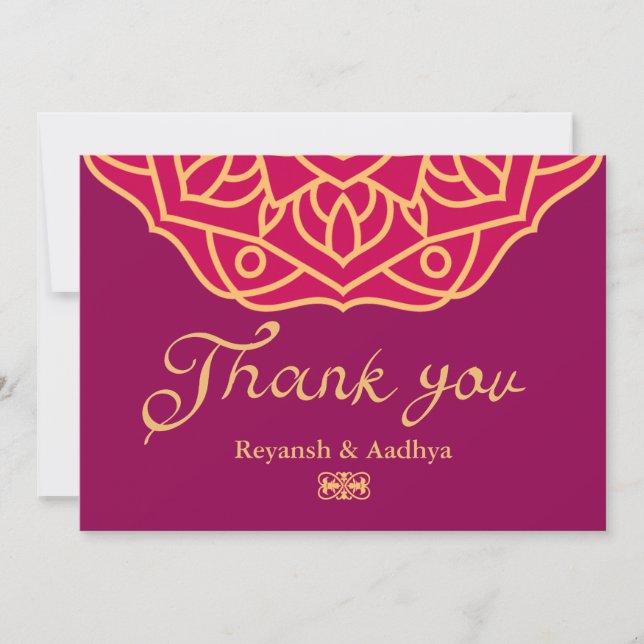 Gold Magenta Mandala Indian Wedding Thank You Card (Front)