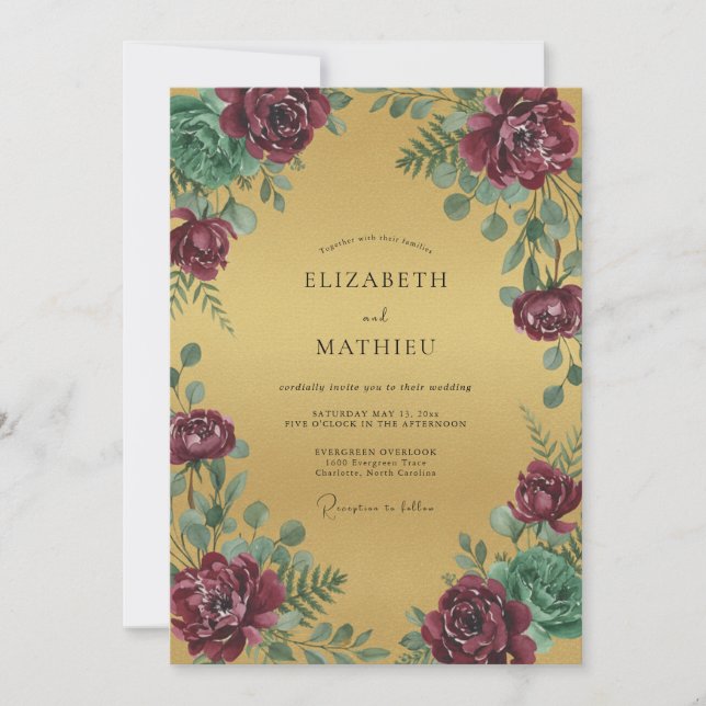 Gold Magenta Peony Wedding Invitation (Front)