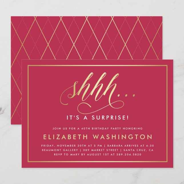 Gold & Magenta Surprise Birthday Party Invitation (Front/Back)