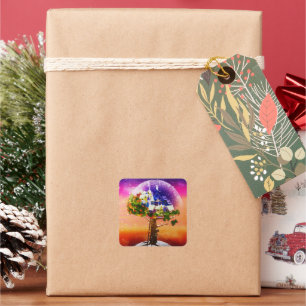 Gold Magic Planet Christmas Tree Square Sticker