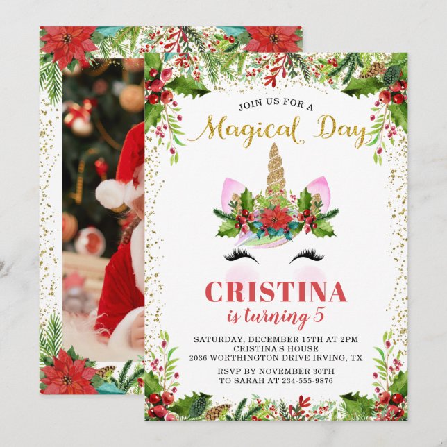 Gold Magical Christmas Unicorn Birthday Photo Invitation (Front/Back)