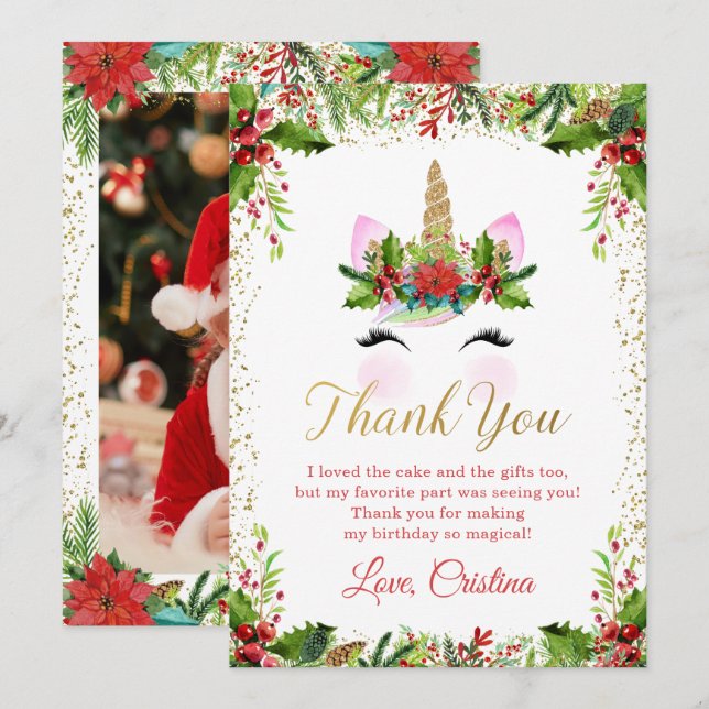 Gold Magical Christmas Unicorn Thank You Card (Front/Back)