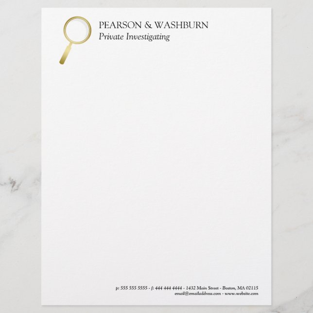 Gold Magnifying Glass Private Eye Name & Contact Letterhead Template (Front)
