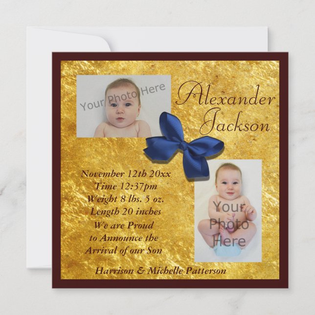 Gold & Mahogany Boy's Birth Announcement (Front)