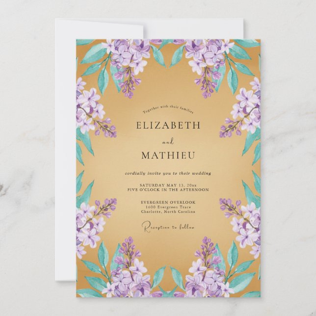 Gold Majestic Lilac Wedding Invitation (Front)
