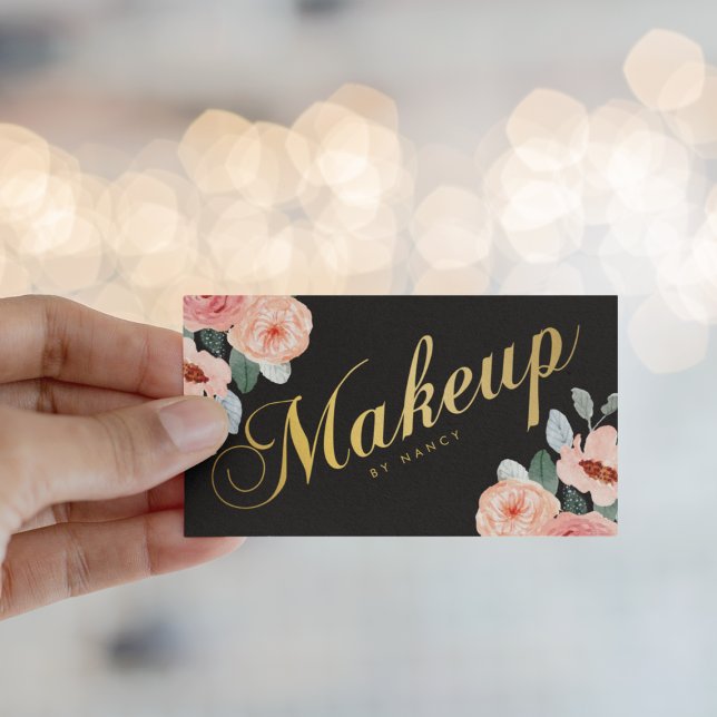 Gold Makeup Artist Calligraphy Watercolor Floral  Business Card (Creator Uploaded)