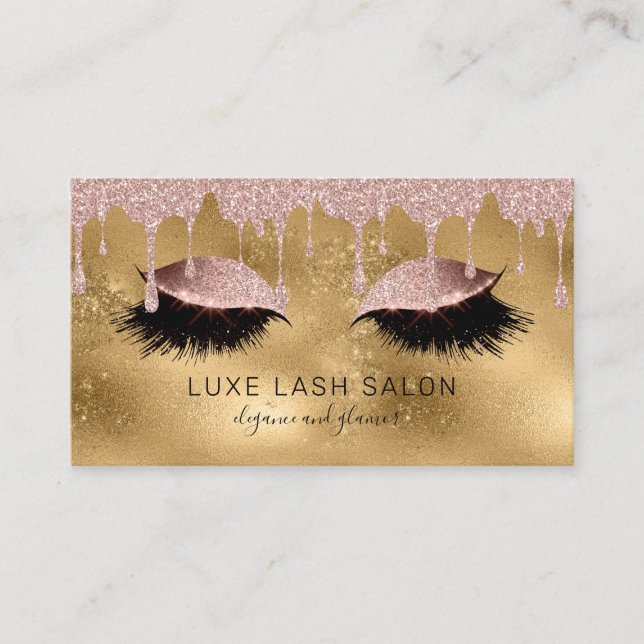 Gold Makeup Artist Lashes Pink Glitter Rose Gold Business Card (Front)