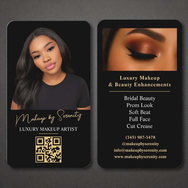 Gold Makeup Artist QR Code Luxury Black Beauty Business Card (Creator Uploaded)