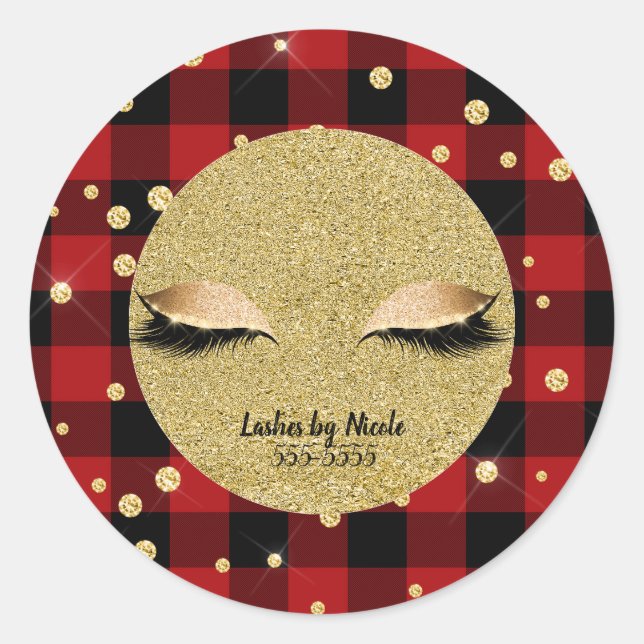 Gold Makeup Eye Lashes Holiday Red Buffalo Plaid Classic Round Sticker (Front)