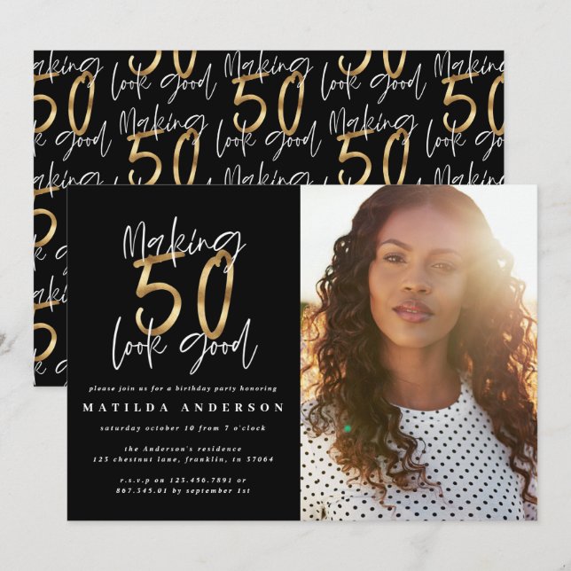 Gold making 50 look good photo birthday invitation (Front/Back)