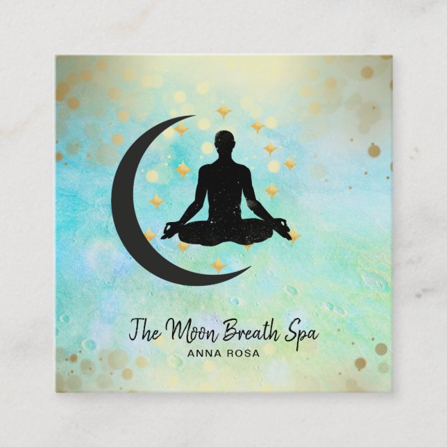 *~* Gold Man +  Moon Meditation Yoga Mindfulness Square Business Card (Front)