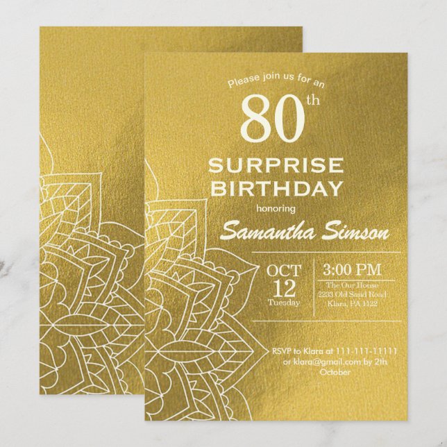 Gold Mandala 80th Birthday  Invitation (Front/Back)