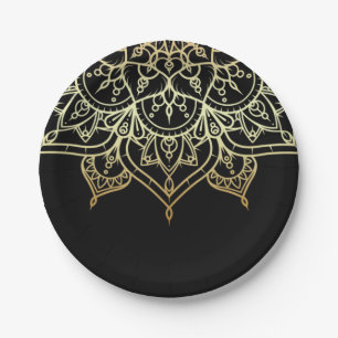 Gold Mandala Black Chic Modern Glam Party Paper Plate