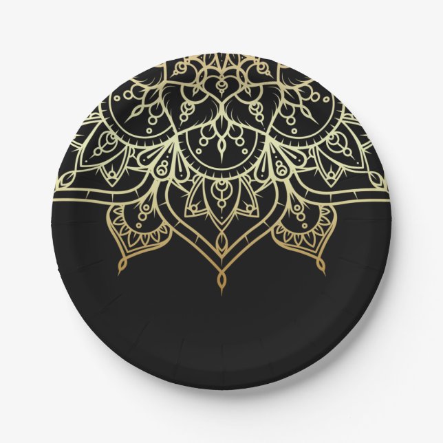 Gold Mandala Black Chic Modern Glam Party Paper Plate (Front)